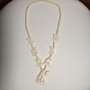 VTG Hand Carved Bovine Bone Pendant Necklace Pierced Openwork Barrel Beads 27"